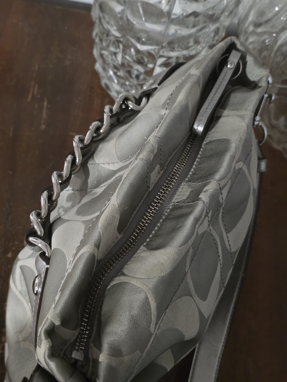 Coach Silver Signature Tote Bag with Chain Accent - Picture 13 of 14